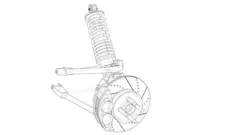 Car suspension with shock absorber. Vector rendering of 3d. Wire-frame style. The layers of visible and invisible lines are separatedのイラスト素材