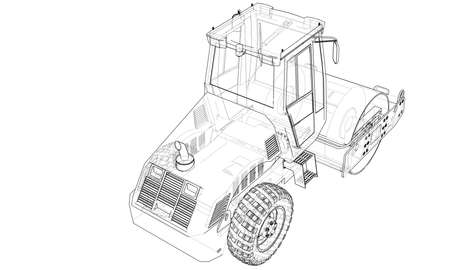 Construction machine. Asphalt compactor outlined vector rendering of 3d. The layers of visible and...
