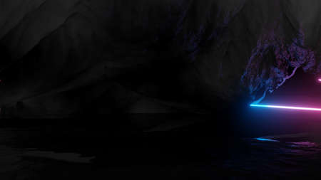 Glowing neon triangles on dark backgroundの写真素材