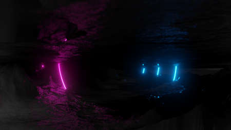Glowing neon circles on dark backgroundの写真素材