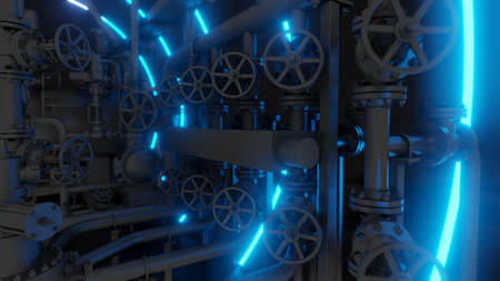 Abstract Industrial Equipment with Neon Lightsの写真素材