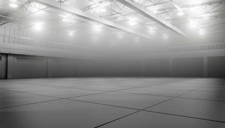 Modern empty dark storehouse with smoke at the endの写真素材