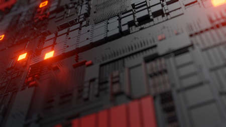 Abstract futuristic design. Tech wall with red bright elements. DOF effect. 3D illustration