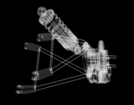 X-ray Car suspension and brake disk on black background, 3d illustrationの写真素材