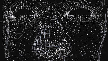 Human face consisting of luminous lines and dots