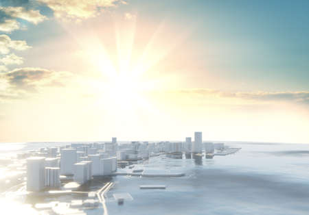 3D illustration. Futuristic City in sunny day. Sky background