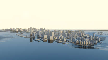 3D illustration. Futuristic City in sunny day. Yellow background