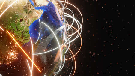 Connection curves and dots around Earth globeの写真素材