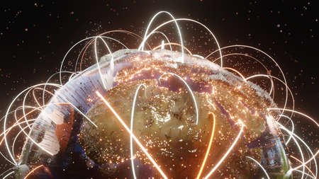 Connection curves and dots around Earth globeの写真素材