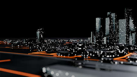 Abstract modern city at night. DOF effect. Glow orange light. 3D illustration