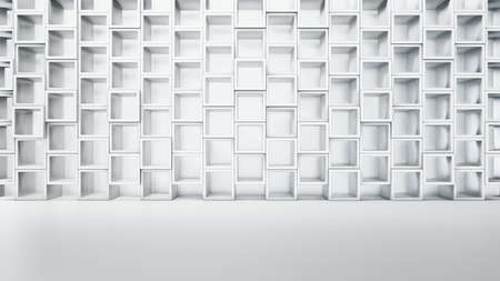 Empty white interior with cube shelves on the wall
