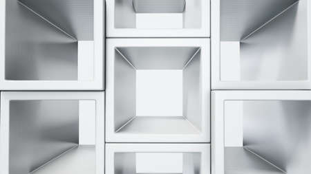 Empty white interior with cube shelves on the wallの写真素材