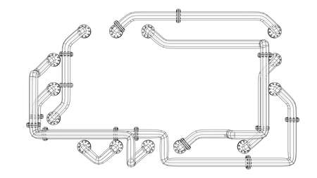 A rectangular banner with an empty space in the middle is entangled in pipes with flanges. Industrial concept. Vector image, 3D renderingのイラスト素材