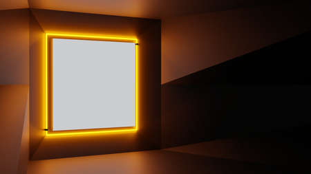 Abstract geometry lit by a neon orange square lampの写真素材