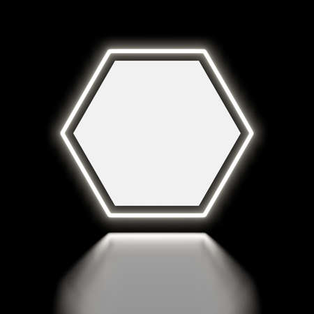 Neon white sign on a black background with a black mirror floorの写真素材