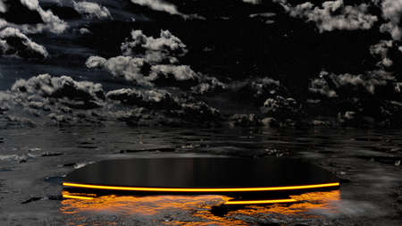 A black podium with glowing faces against a dark starry sky with cloudsの写真素材