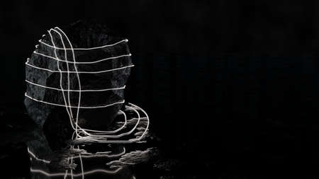 A white LED strip is wound around a large block of stone