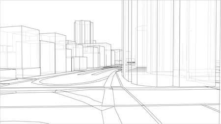 A schematic drawing or sketch of a 3D city with buildings and roads. Outline style. 3D illustration vector. Construction industry conceptのイラスト素材