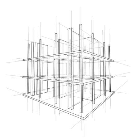 Drawing or sketch of a house under construction. Construction site. Main line, back contour and auxiliary lines. Vector made from 3d.のイラスト素材