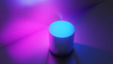 Product display stand for display of content design. Abstract fashion background, ultraviolet neon lights, pink blue vibrant colors, laser show. Banner for advertise product. 3D illustrationの写真素材