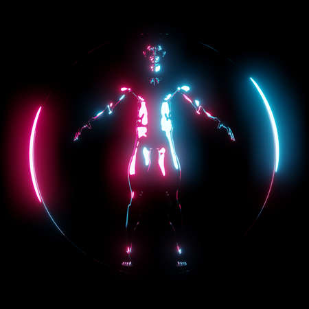Neon light Vitruvian Man in circle frameの写真素材