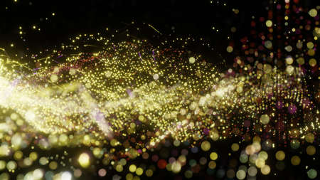 Plexus of abstract yellow dots on a black background. Loop animations. 3D illustration