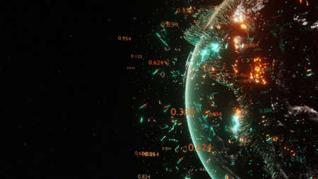 Abstract futuristic planet Earth surrounded by virtual elements. Dots, numbers and lines. Element of...