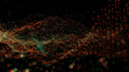 Plexus of abstract orange and green dots on a black background. Loop animations. 3D illustration