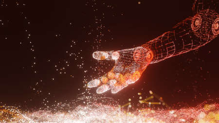 An abstract field of luminous dots and a luminous robot arm. The concept of new technologies. 3D renderingの写真素材