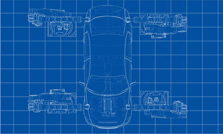 Assembly of motor vehicle. Robotic equipment makes Assembly of car. Blueprint style. Vector rendering from 3D modelのイラスト素材
