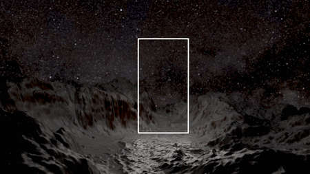 Abstract background. Glowing rectangle against the backdrop of mountains and night starry sky. 3D renderingの写真素材