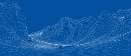Abstract 3d wire-frame landscape. Blueprint style. Vector rendering from 3D model. Geology Terrain