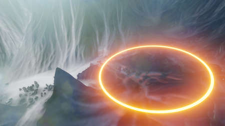 Abstract background of mountains and orange neon circleの写真素材