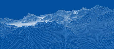 Abstract 3d wire-frame landscape. Blueprint style. Vector rendering from 3D model. Geology Terrain