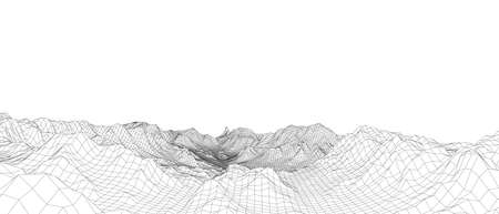 Abstract 3d wire-frame landscape. Blueprint style. Vector rendering from 3D model. Geology Terrain