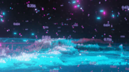 Abstract tech place with numbers illuminated by red and blue light. 3D illustration.の写真素材