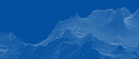 Abstract 3d wire-frame landscape. Blueprint style. Vector rendering from 3D model. Geology Terrain