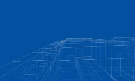 Vector wire-frame model of a multi-storey residential building. Construction concept. Drawing or...