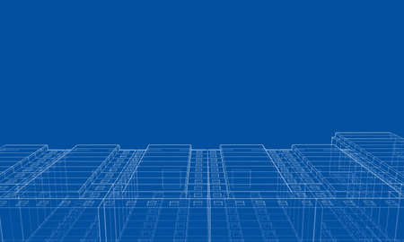 Vector wire-frame model of a multi-storey residential building. Construction concept. Drawing or blueprint style. Vector made from 3d modelのイラスト素材