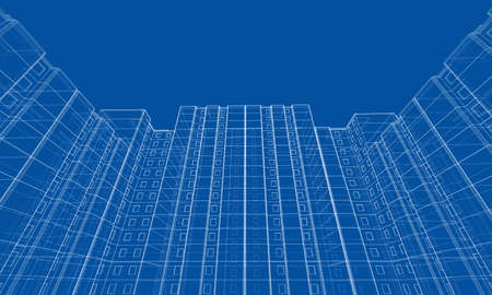 Vector wire-frame model of a multi-storey residential building. Construction concept. Drawing or blueprint style. Vector made from 3d modelのイラスト素材