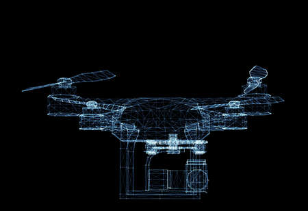 Quadrocopter or drone of luminous lines and dots. 3d illustration on a black backgroundの写真素材