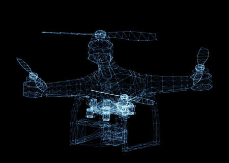Drone of luminous lines and dots. 3d illustration on a black backgroundの写真素材