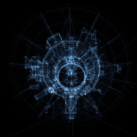 Communication satellite of luminous lines and dots. 3d illustration on a black backgroundの写真素材