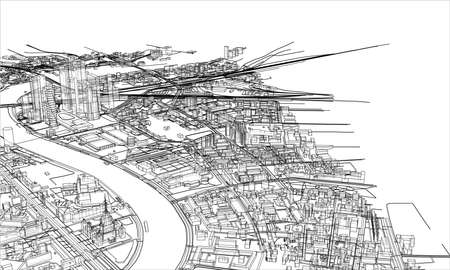 Outline city concept. Wire-frame style. 3D illustrationの写真素材