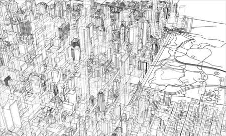 Outline city concept. Wire-frame style. 3D illustrationの写真素材