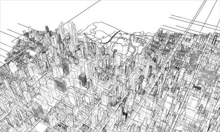 Outline city concept. Wire-frame style. 3D illustrationの写真素材