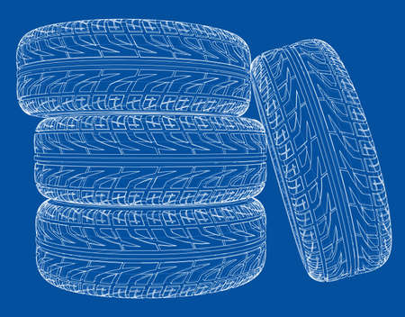 Car tires concept. 3D illustration. Wire-frame styleの写真素材