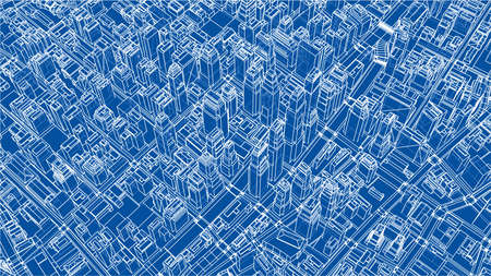Wire-frame Twisted City, Blueprint Style. 3D illustration. Architecture Design Backgroundの写真素材