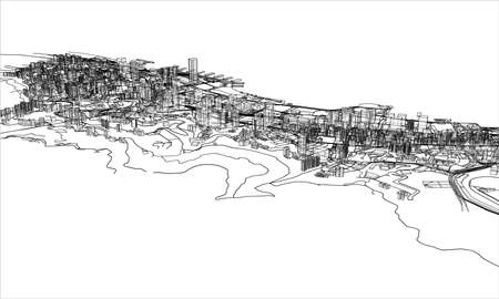 Outline city concept. Wire-frame style. 3D illustrationの写真素材