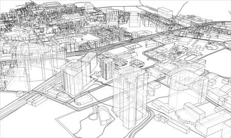Outline city concept. Wire-frame style. 3D illustrationの写真素材